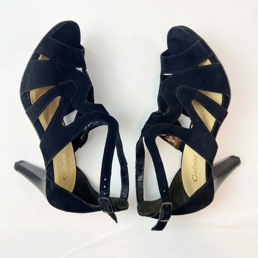 Gabor‎ Fantastica Black Suede Heels Women's Sz 7 Strappy Peep Toe Evening Dressy